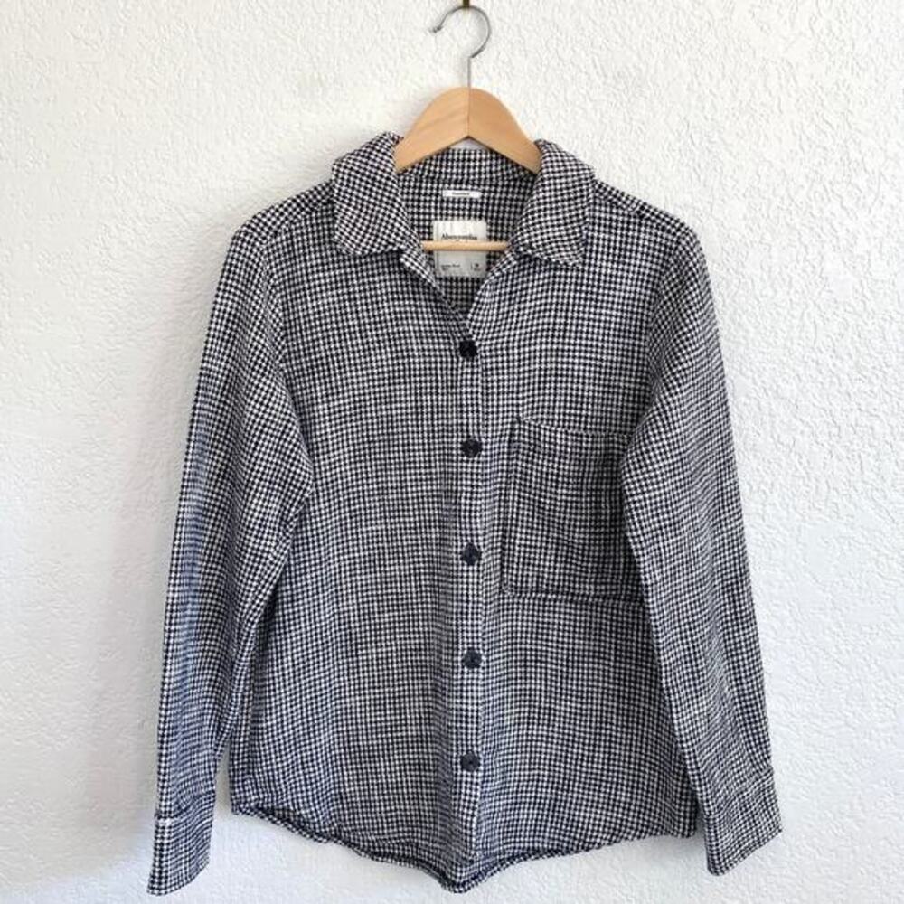 Abercrombie & Fitch Oversized Houndstooth Button Down Shirt Shacket Black White